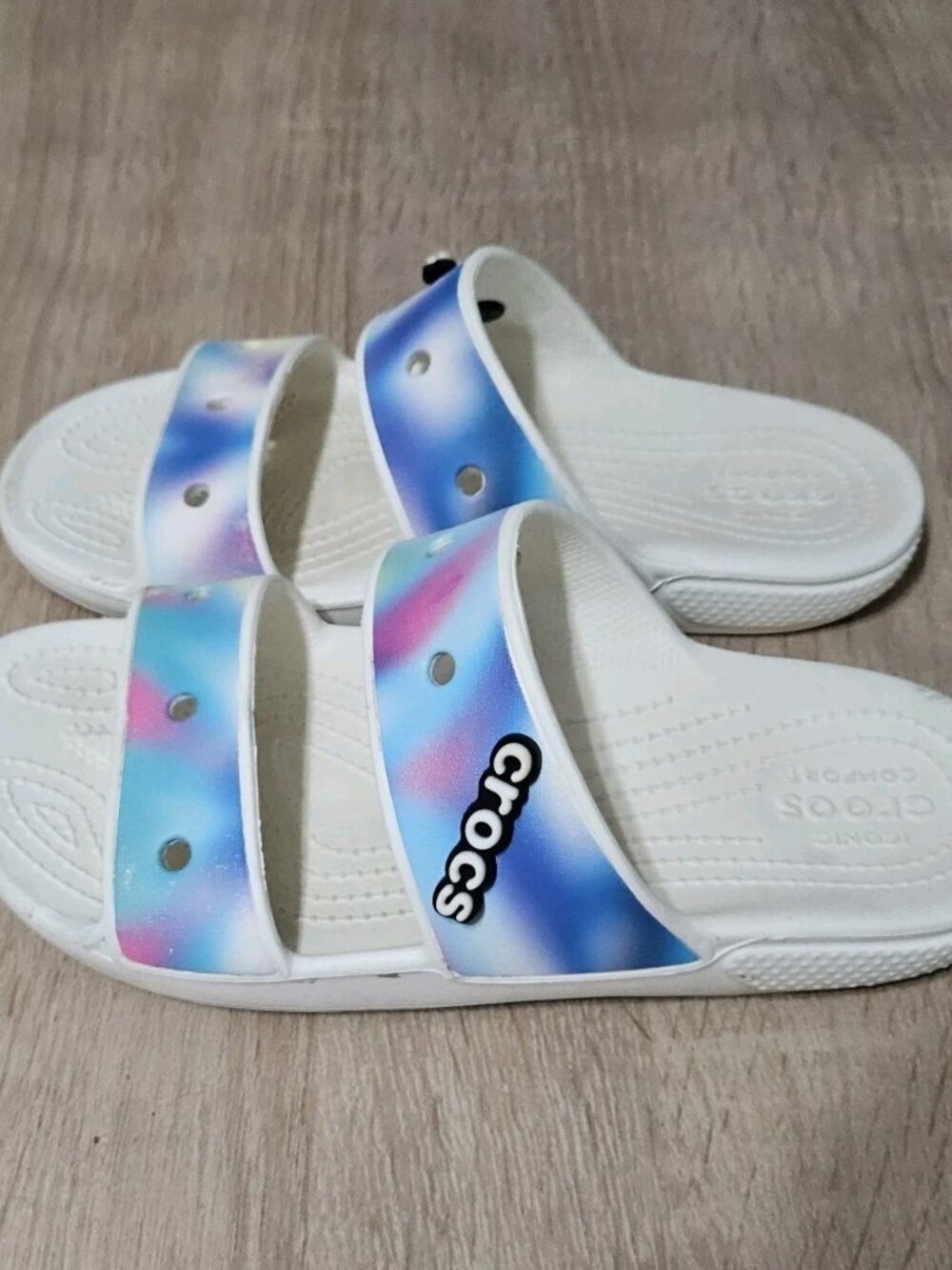 Womens Crocs Sandals Slides Sz 8 Solarized White Blue Purple Tiedye Multi-color